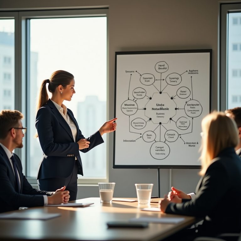 CEO presenting inimitable business strategy in boardroom meeting, showcasing unique brand positioning and competitive advantage frameworks that help leaders build uncopyable businesses through strategic differentiation AI Strategy