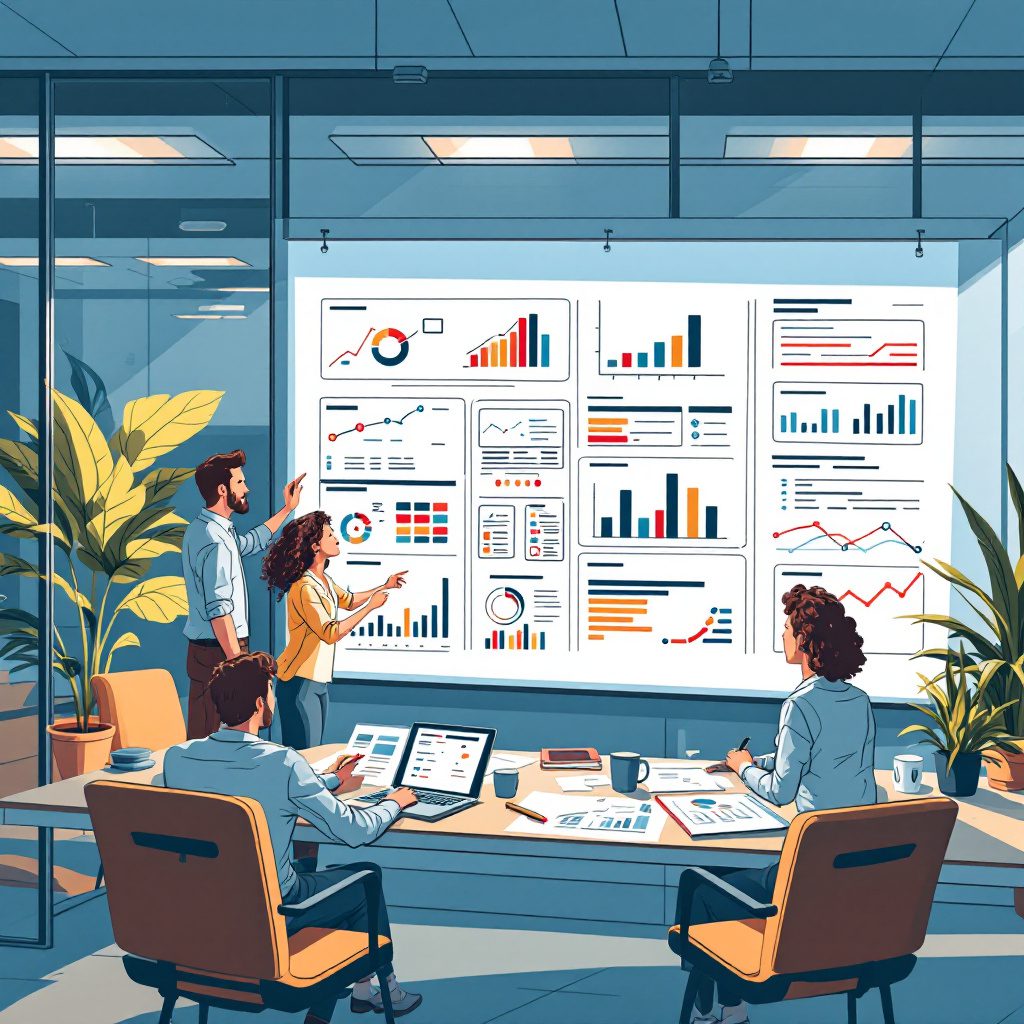 eam collaborating around a digital strategy map on a screen in a modern office in Atlanta