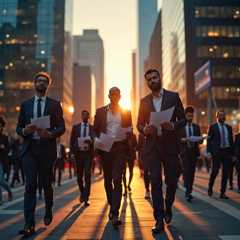 A business team working hard but moving in different directions at a confusing crossroads — realistic corporate style in Atlanta
