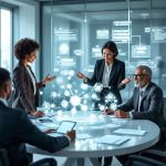 Strategic Thinking in the AI Era. The Mean MBA Business professional analyzing holographic AI data while referencing strategic planning documents, illustrating the essential balance between human strategic thinking and artificial intelligence technologies in 2025. #1 Business Strategy Consulting Firm in Atl, GA