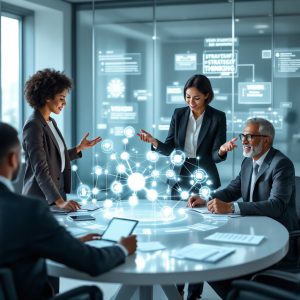 Strategic Thinking in the AI Era. The Mean MBA Business professional analyzing holographic AI data while referencing strategic planning documents, illustrating the essential balance between human strategic thinking and artificial intelligence technologies in 2025. #1 Business Strategy Consulting Firm in Atl, GA