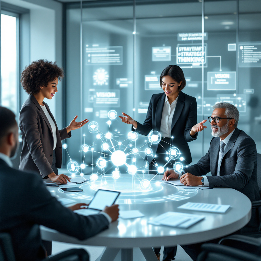 Strategic Thinking in the AI Era. The Mean MBA Business professional analyzing holographic AI data while referencing strategic planning documents, illustrating the essential balance between human strategic thinking and artificial intelligence technologies in 2025. #1 Business Strategy Consulting Firm in Atl, GA
