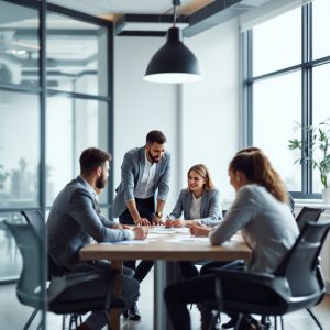 Manager giving performance feedback to employee in a modern office setting