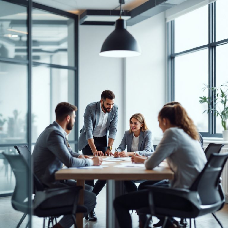 Manager giving performance feedback to employee in a modern office setting