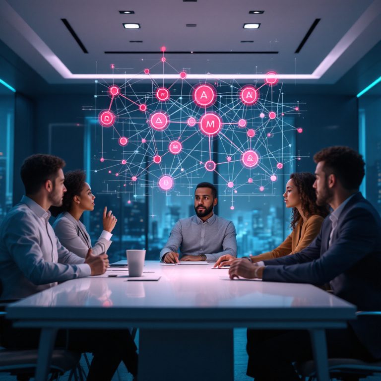 culture design. Atlanta Business executives in a modern conference room analyzing holographic data visualizations showing disconnected strategic nodes, illustrating AI-driven misalignment between corporate strategy and implementation.