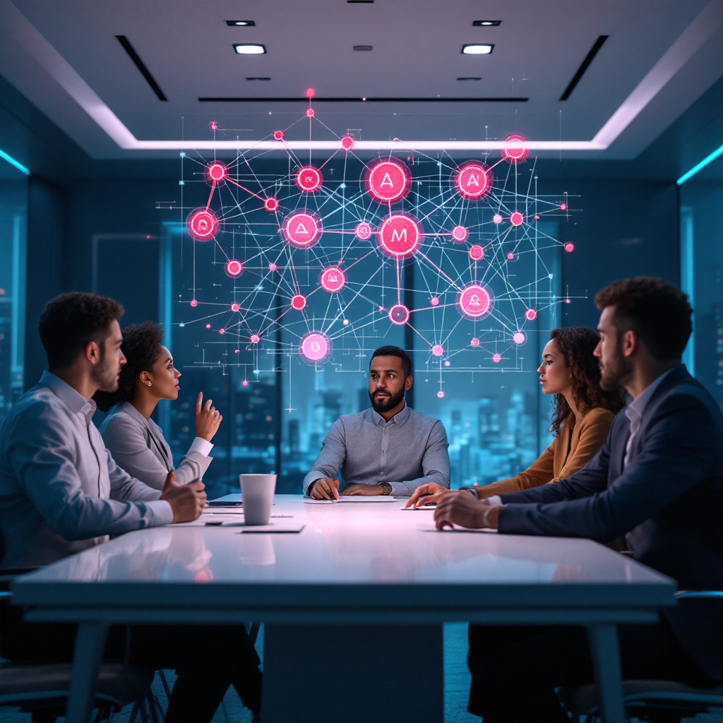 culture design. Atlanta Business executives in a modern conference room analyzing holographic data visualizations showing disconnected strategic nodes, illustrating AI-driven misalignment between corporate strategy and implementation.