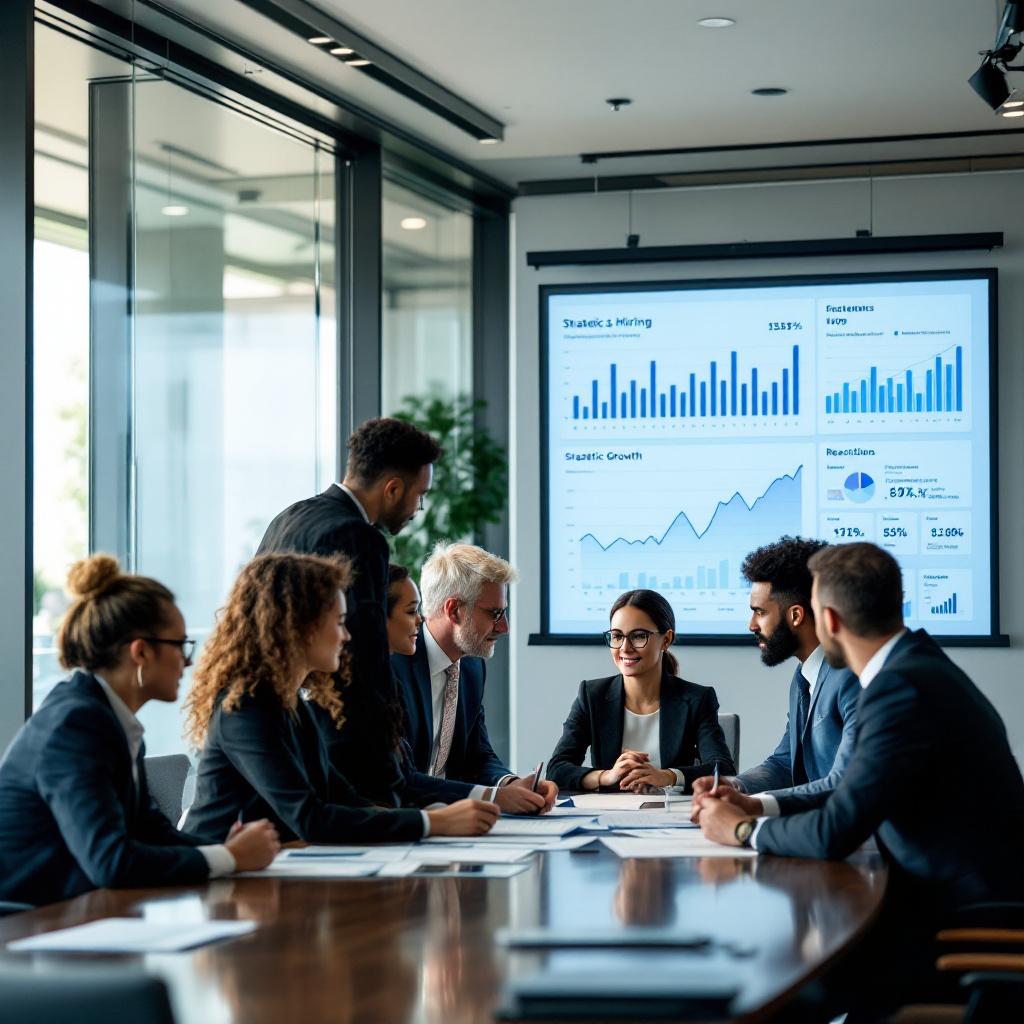 The Mean MBA consultancy in ATL Professional photograph contrasting strategic recruitment with reactive hiring. A diverse team of business professionals analyzes recruitment data in a modern boardroom setting. Digital displays show performance metrics highlighting how strategic hiring practices lead to improved business outcomes and talent retention."